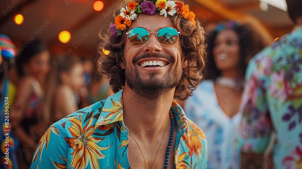 Obraz premium Joyful Hippie Music Festival Celebration. bohemian outfits, flower crowns, and face paint.