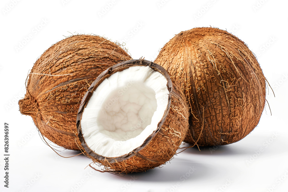 Two coconuts and half isolated on white background . Delicious exotic food. Two coconuts and half isolated on white background . Delicious exotic food.