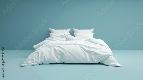 3D rendering of a simple bed with a white duvet and two pillows against a blue background. photo