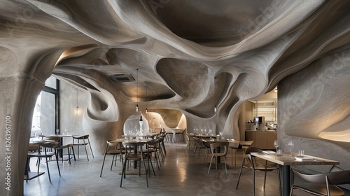 Contemporary Design of a Madrid Restaurant with Organic Concrete Waves Interior