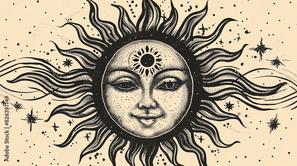 The image is a detailed illustration of a sun with a human face. The sun has a warm, friendly expression and is surrounded by rays of light.