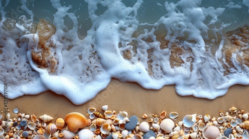 Tranquil seashore with foamy waves and seashell collection © Viktoriia
