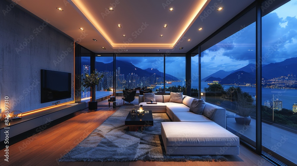 Illuminate your modern living room at night with LED strips highlighting the sofa, TV, and artwork, creating a sophisticated atmosphere Illuminate your modern living room at night with LED strips highlighting the sofa, TV, and artwork, creating a sophisticated atmosphere