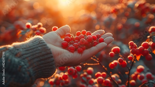 closeup shot of a forager gathering wild berries employing bokeh photography to create a soft ethereal background photo