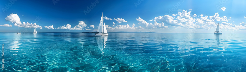 Panoramic view of a turquoise ocean with distant sailboats and white clouds. This scene would be perfect for a summer vacation and travel poster design.