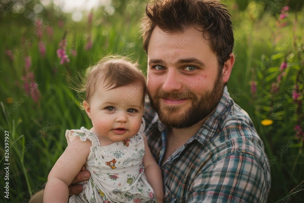 Young bearded dad smiles warmly while holding his adorable baby daughter in a blooming meadow