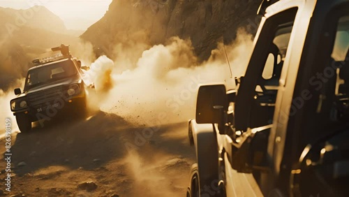 Off-road vehicles kick up dust on a rugged mountain trail at sunset photo