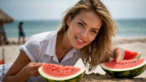 Serene Moment: Eating Watermelon on a Tranquil Beach at Golden Hour