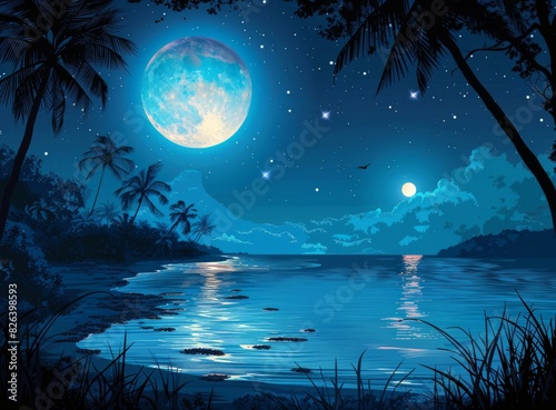Fantasy Tropical Beach at Night with Blue Moon and Stars