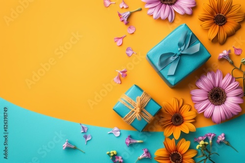 Top view of a gift box surrounded by colorful flowers on a dualtone background photo
