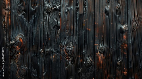 Detailed image of a blackened wooden surface with rich textures and patterns photo