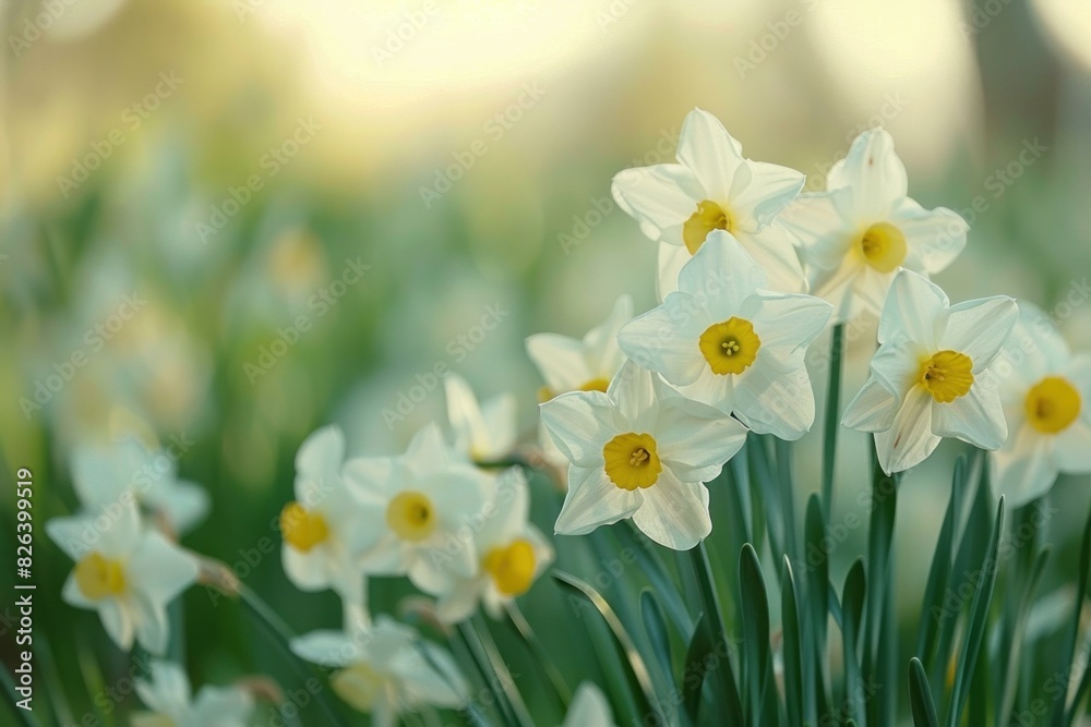 Tranquil scene of blooming daffodils bathed in the warm glow of a setting sun