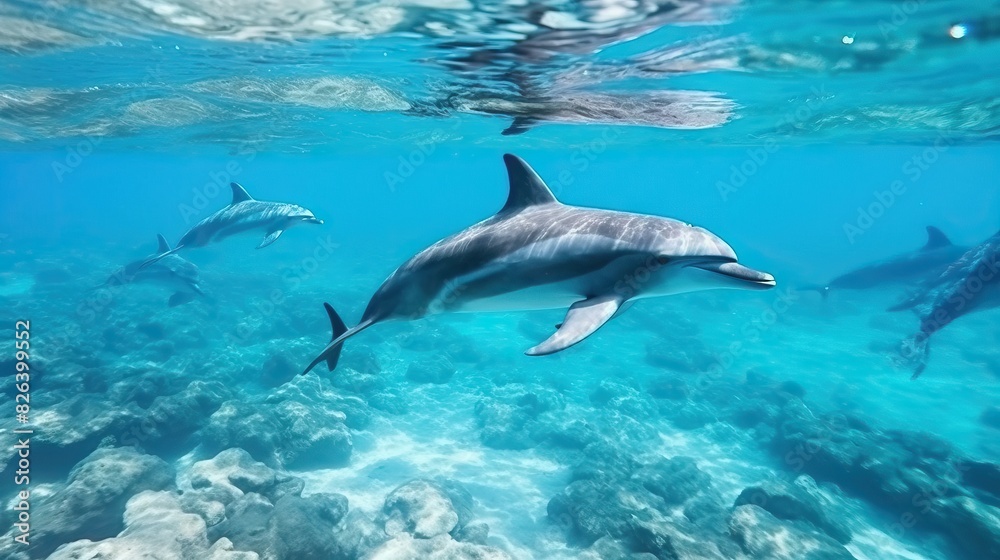 A pod of dolphins is captured swimming in the clear blue ocean water, with sunlight filtering through the surface A pod of dolphins is captured swimming in the clear blue ocean water, with sunlight filtering through the surface