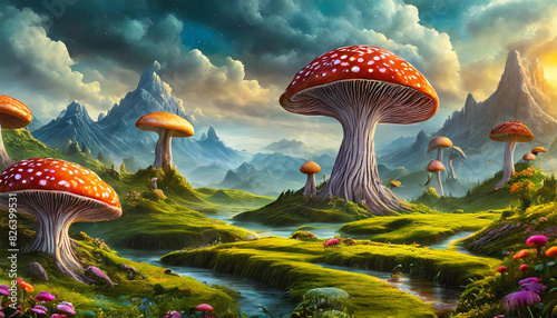 Fantasy landscape with Cyclodelic mushrooms. photo