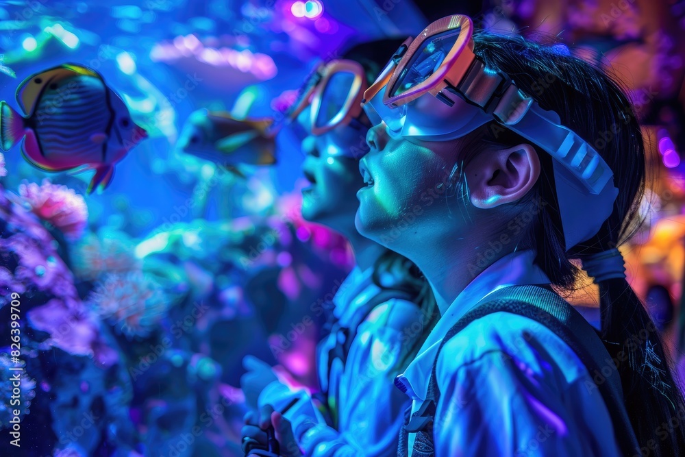Fototapeta premium 10. Children dressed as marine biologists exploring a simulated underwater world, with colorful marine life props and diving gear, under professional lighting that brings out the vivid hues and