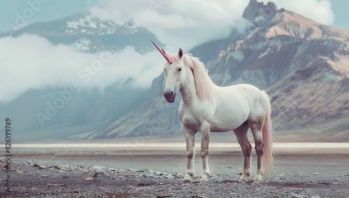 photograph of A unicorn with pink mane standing on the ground in front of mountains, high definition photography