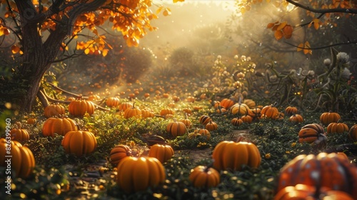 Magical pumpkin patch at sunset