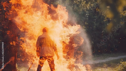 The image captures a dramatic moment where a person stands engulfed by fierce flames  suggesting danger or an emergency