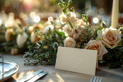 a 3.5 inches by 2 inches (landscape orientation) rectangular place card on a table at a minimal delicate floral wedding, the lighting is soft/natural --ar 3:2 --stylize 625
