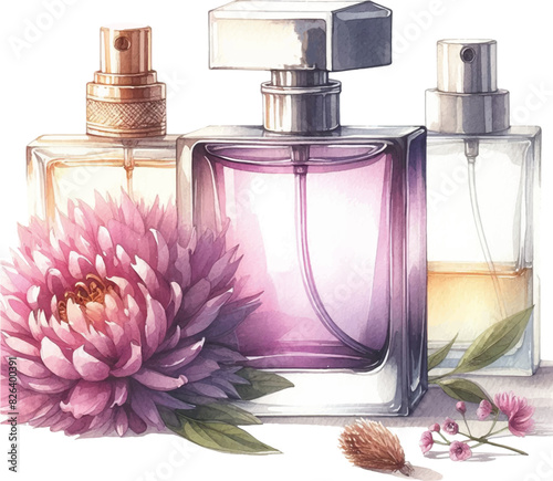watecolor illustration of perfume bottle with flowers photo