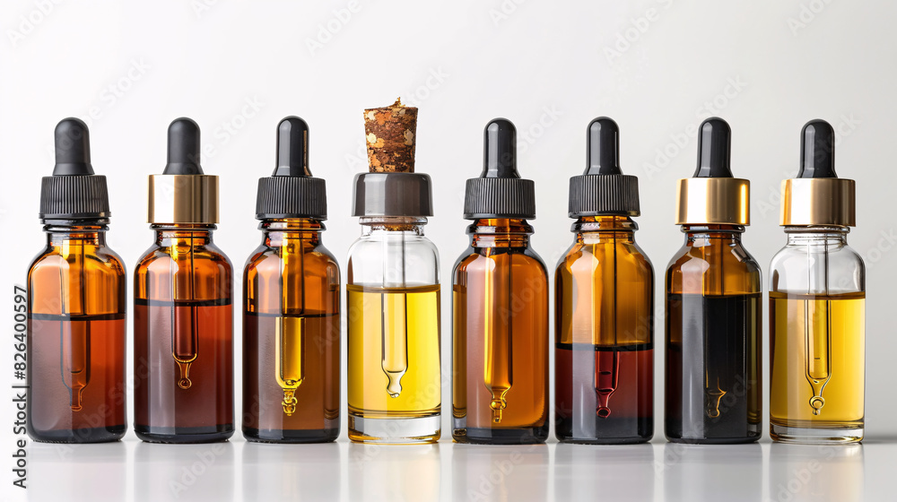 Assortment of facial oils and serums isolated on white background