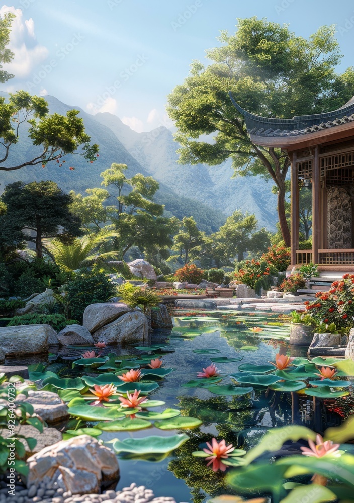 Obraz premium Classical Chinese Garden with Pavilion, Tower, and Water