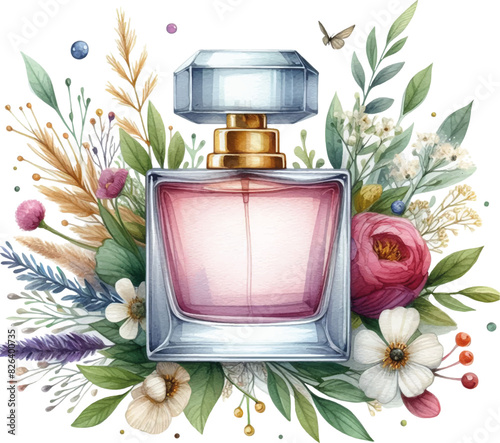watecolor illustration of perfume bottle with flowers