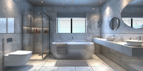 Modern Bathroom Interior with Tub, Shower, and Double Vanity photo