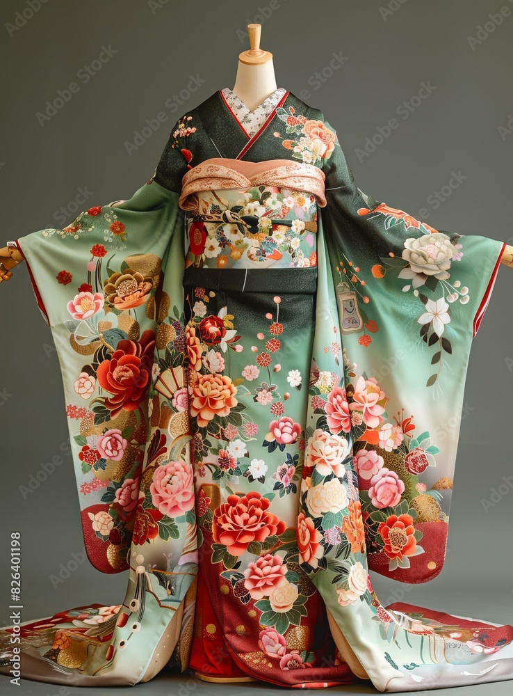 Traditional Japanese Kimono with Floral Pattern Traditional Japanese Kimono with Floral Pattern