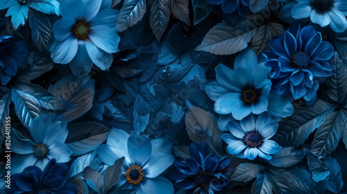 Dark, elegant backdrop of blue flowers and leaves with a moody atmosphere