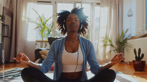 Young black woman doing yoga at home, listens audio meditation by headphones 