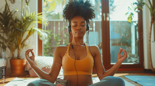 Young black woman practicing yoga at home, listens audio meditation by headphones with the phone