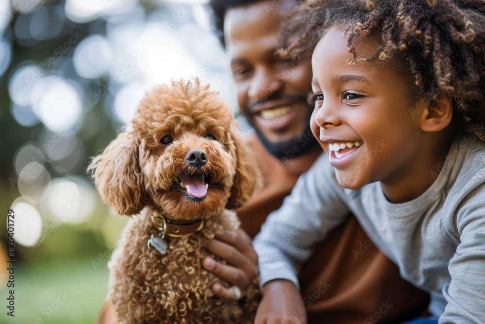 A little girl and her father wrap their arms around a happy brown dog, showcasing their loving family dynamic A little girl and her father wrap their arms around a happy brown dog, showcasing their loving family dynamic