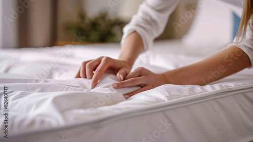 Close up of a person holding a bedsheet. Making bed