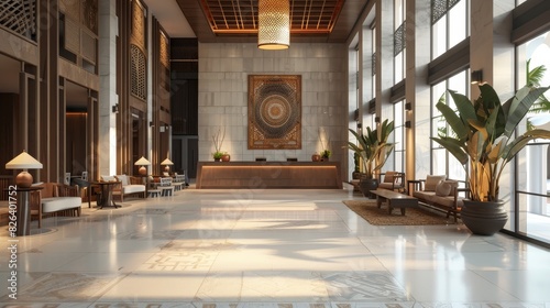 Boutique hotel lobby with unique decor, artistic touches, and a welcoming feel, ideal for niche and luxury travel concepts, isolated white background.