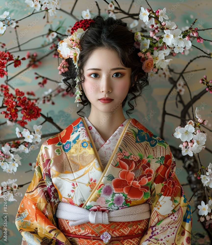 Naklejka premium Portrait of a young woman in a kimono with cherry blossoms