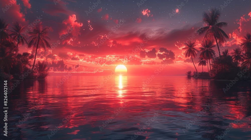 Breathtaking view of a red sunset sky reflecting on tranquil tropical waters with silhouettes of palm trees Breathtaking view of a red sunset sky reflecting on tranquil tropical waters with silhouettes of palm trees