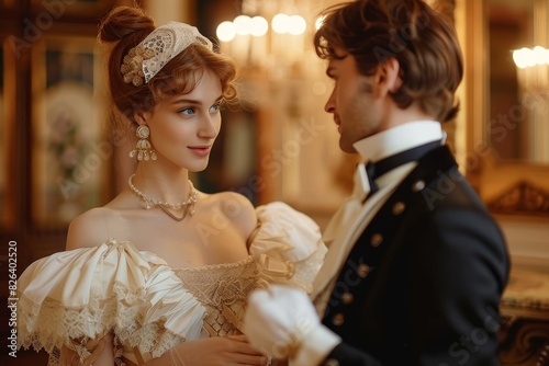 An elegant couple dressed in luxurious period costumes share a moment in an ornate setting
