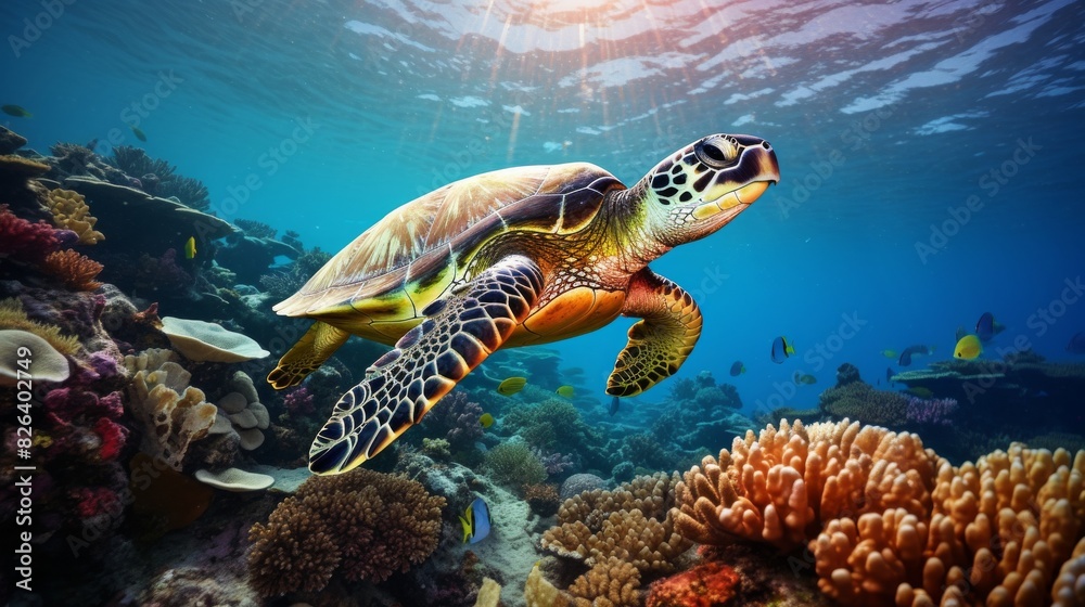 A sea turtle gracefully moves above a vibrant coral reef. Underwater sports and tropical vacation concept A sea turtle gracefully moves above a vibrant coral reef. Underwater sports and tropical vacation concept
