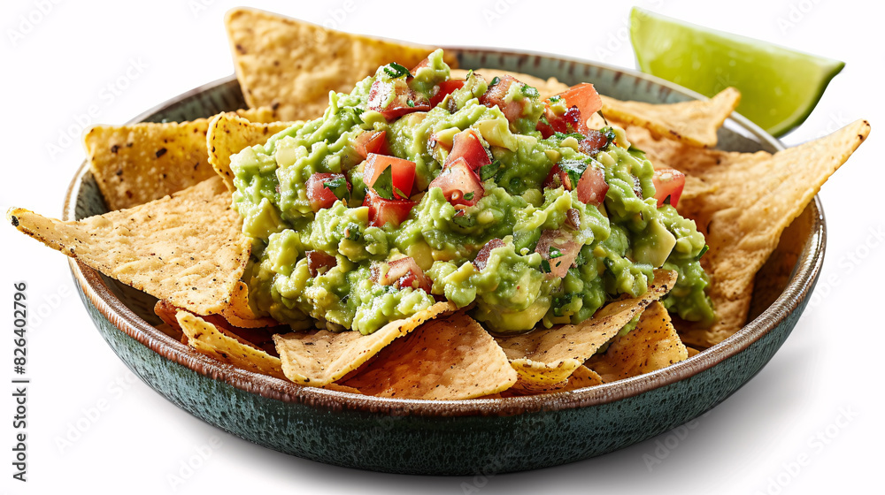 Bowl of fresh guacamole with tortilla chips on a white background Bowl of fresh guacamole with tortilla chips on a white background