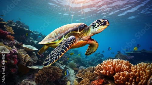 A sea turtle gracefully moves above a vibrant coral reef. Underwater sports and tropical vacation concept