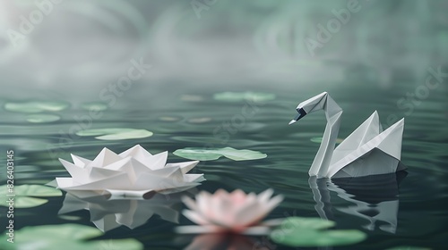 Fototapeta Naklejka Na Ścianę i Meble -  Graceful origami swan set against a serene lake with lily pads and soft ripples creating a peaceful and tranquil atmosphere.