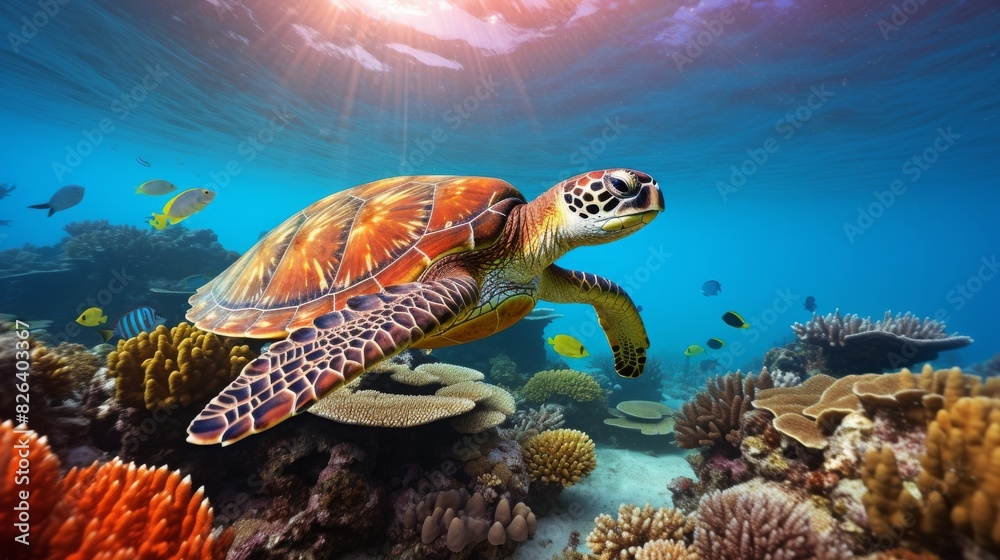 A sea turtle gracefully swims above a vibrant coral reef in clear ocean waters A sea turtle gracefully swims above a vibrant coral reef in clear ocean waters