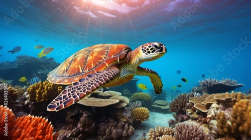A sea turtle gracefully swims above a vibrant coral reef in clear ocean waters