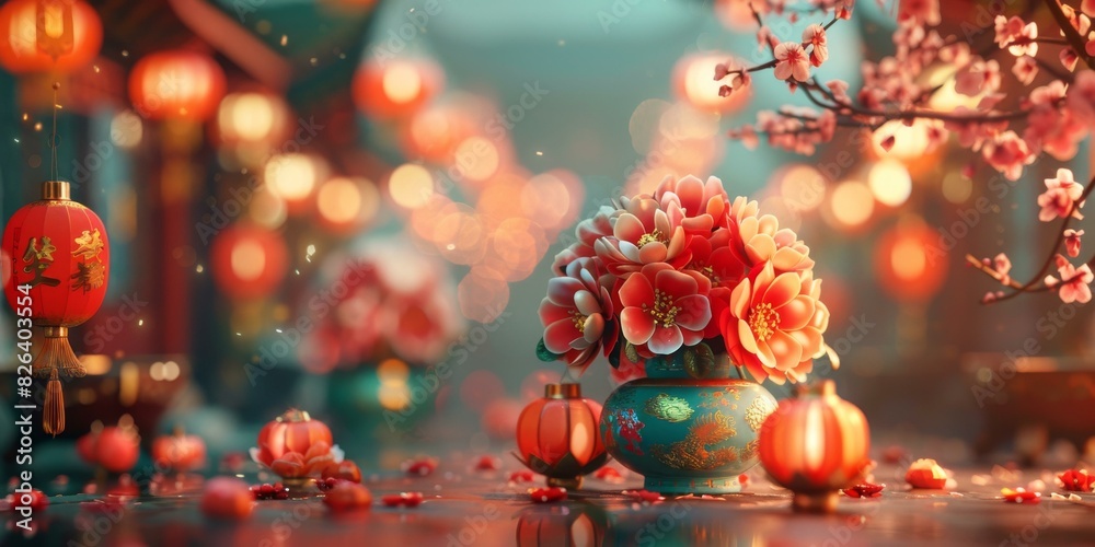 Fototapeta premium Vases Adorned with Flowers and Lucky Red Lanterns