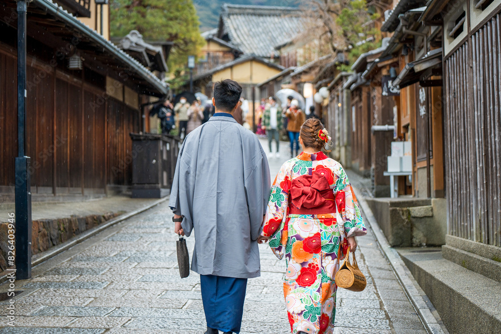 Japanese Kimono Portrait back view photography. Kyoto, Japan. Japanese traditional background.