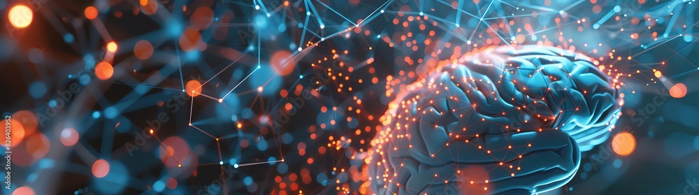 3D rendering of the human brain with glowing neurons and digital ...