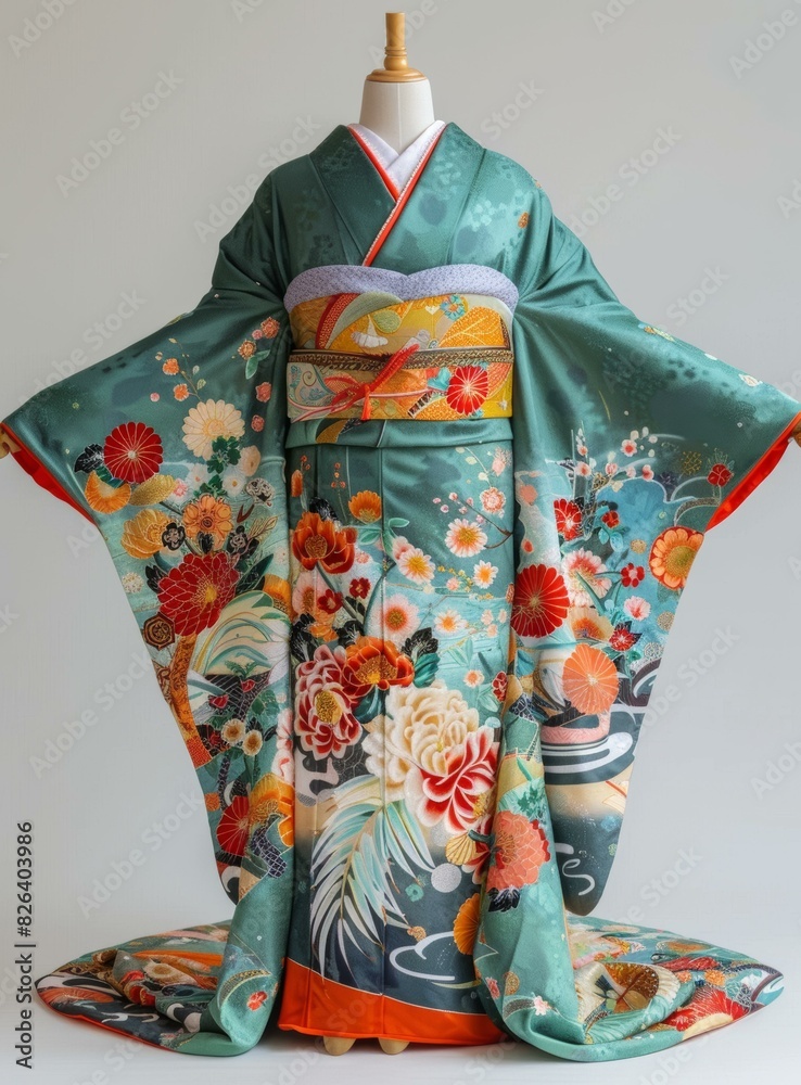 A woman wearing a green kimono with a floral pattern A woman wearing a green kimono with a floral pattern