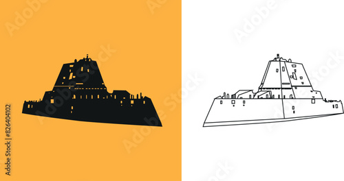 Silhouette of a US Navy DDG 1000 Zumwalt multirole battleship. Vector image of black and white illustrations and charts 
