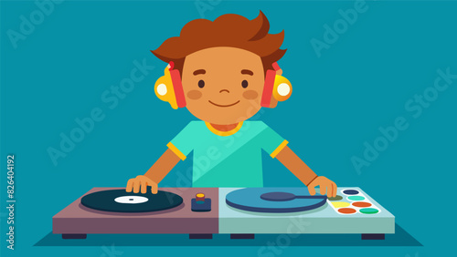 With a grin on their face the child DJ uses the digital turntables to remix a familiar song making it completely their own.. Vector illustration